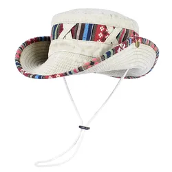 2026 Summer Bucket Hat With Wind Rope Women Man Vintage Beach Sun Fishing Hats Outdoor Hiking Bob Panama Summer Fisherman Caps