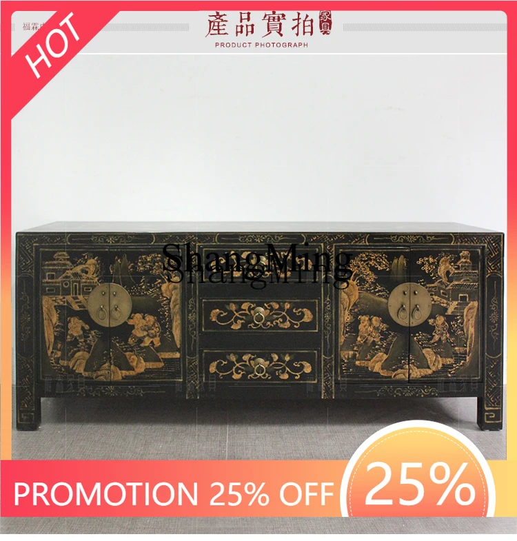 

SM antique furniture elm hand-painted gold entrance hand-painted TV cabinet storage solid wood dining side cabinet