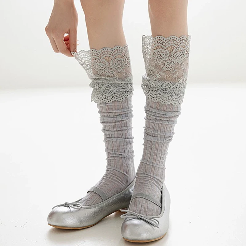 Słodkie wzburzone pończochy na łydki damskie w stylu japońskim koronkowe Lolita cienkie wygodne skarpetki na łydki w jednolitym kolorze