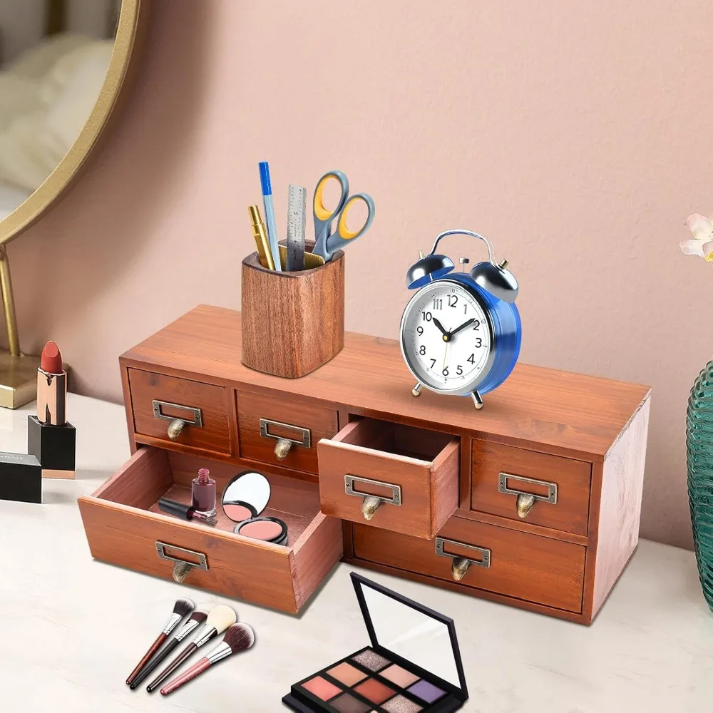 Desk Drawer Organizer with 6 Drawers Vintage Wooden Storage Box Apothecary Cabinet Library Card Catalog Cabinet Brown