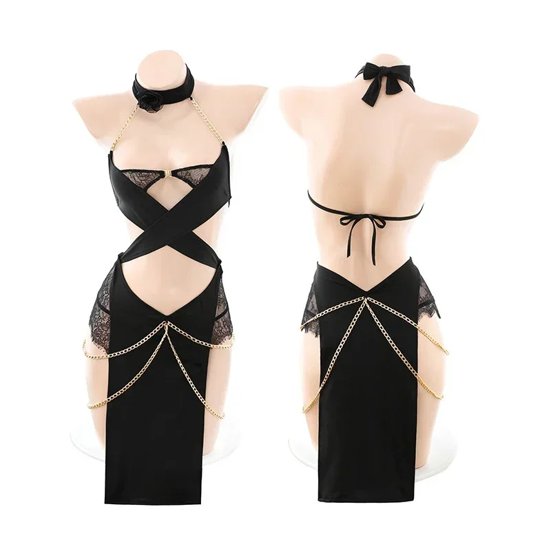 

Anime Egyptian Catgirl Sexy Lingerie Cosplay Uniform with Gold Chain Lace Perspective Role Play Women Costumes Halloween Outfit