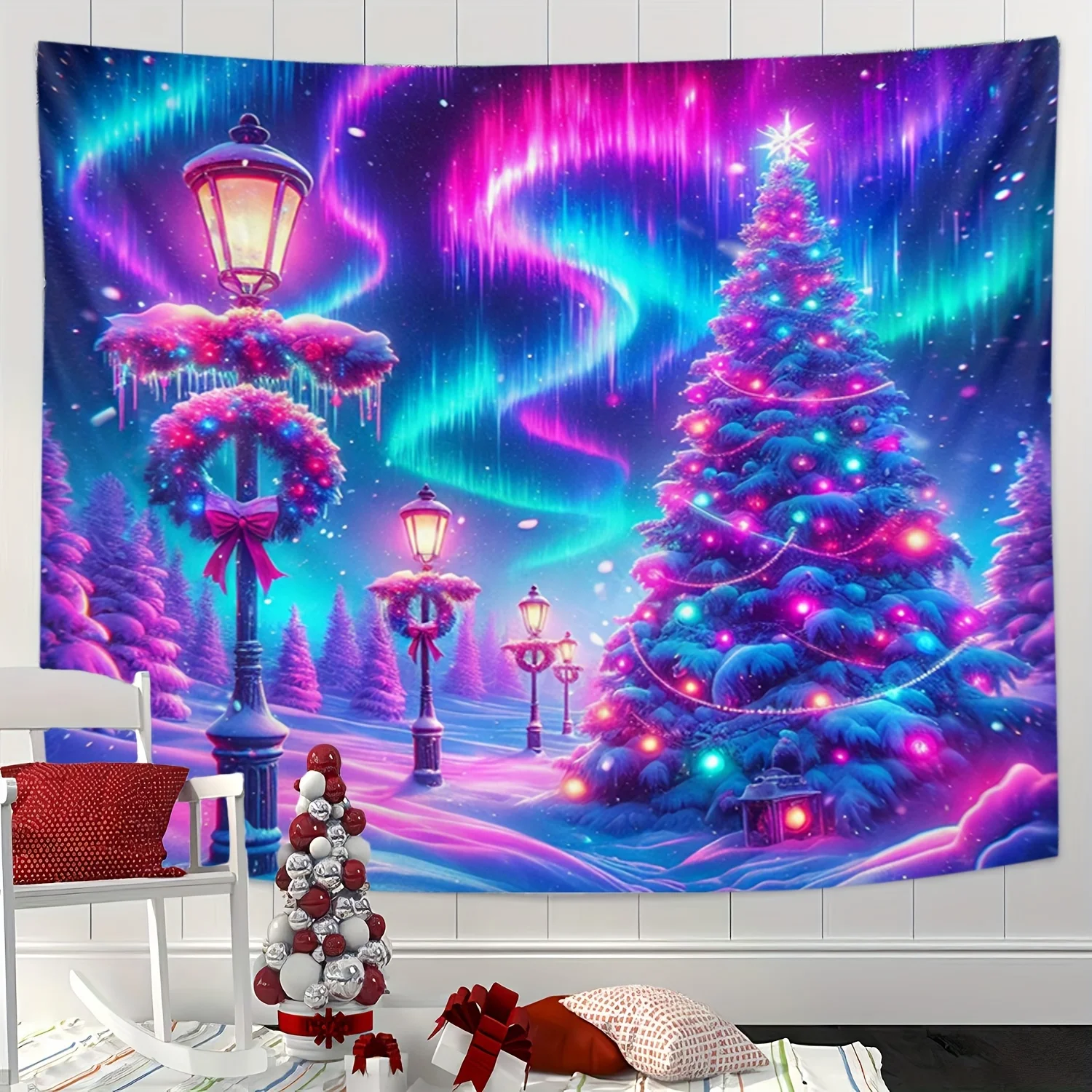 VIKAMA 1 Weihnachtsteppich für den Urlaub, psychedelischer Winterszene-Dekorationsbaum, Heimdekoration, Wandteppich für die Weihnachtsdekoration