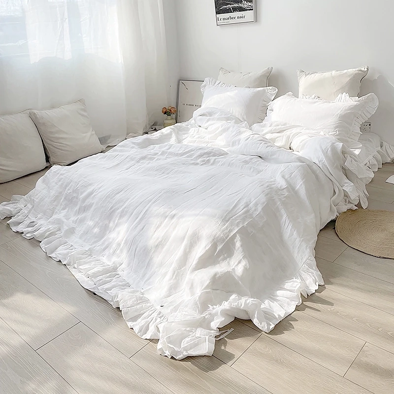 100% Linen Princess Style Bedding Set Ruffle Lace Quilt Cover Bedclothes Decor Woman Girls Duvet Cover Sheet and Pillowcases