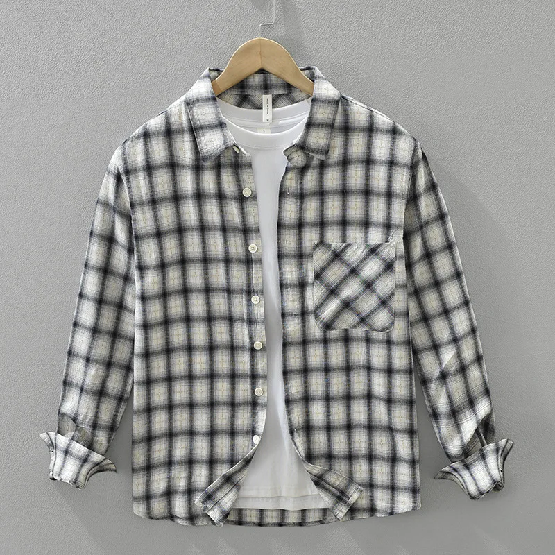 الرجال القطن الخالص منقوشة قميص الخريف طويلة الأكمام تنفس بسيط التلبيب قميص الذكور الصدر جيب فحص زر Dodn بلوزة بلايز