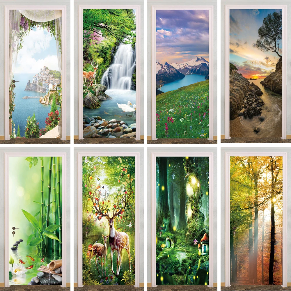 Fairy Forest Painting Door Sticker Mural Adhesive Jungle Landscape Whole Door Wrap Cover Photo Wallpaper Apartment Home Decor