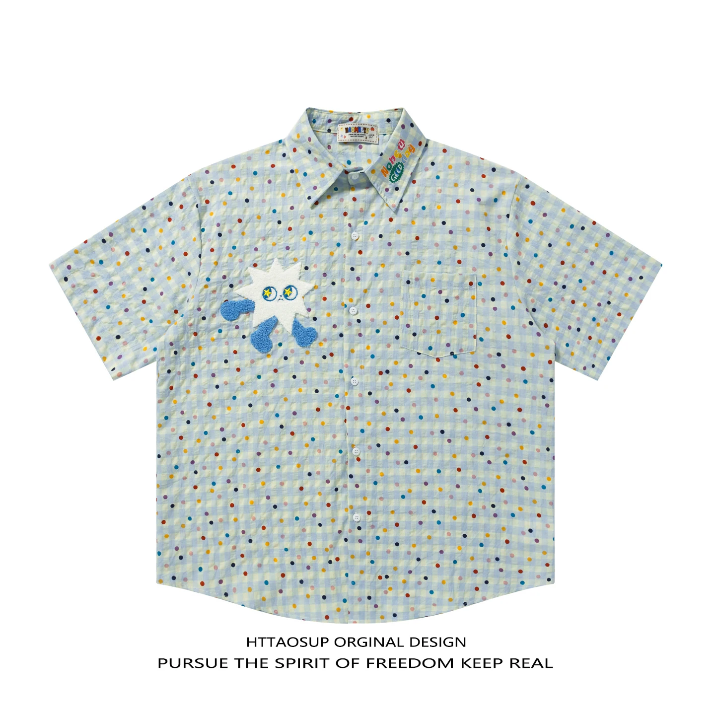 

HTTAOSUP Summer Trendy Brand Spot Plaid Short Sleeve Loose Casual Shirt Men Women American Style Couple Leisure Shirt