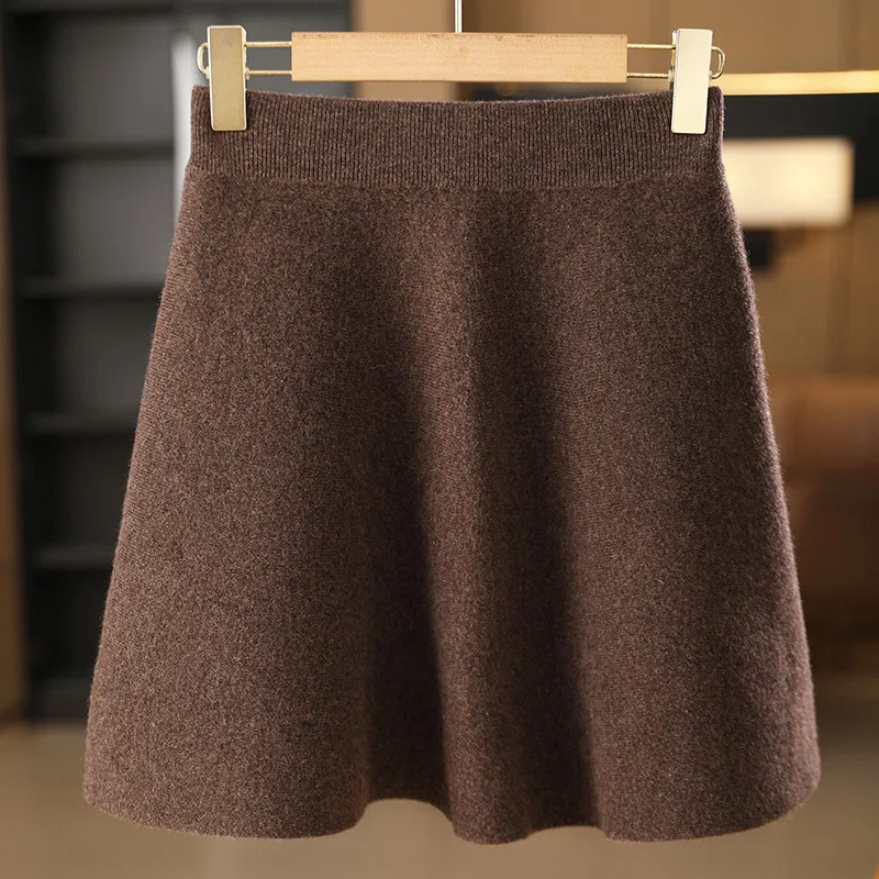 Women Wool Skirt Autumn Winter Elastic Waist Mini A-Line Cashmere Skirt Wool Knitted Above Knee Preppy Style Dress