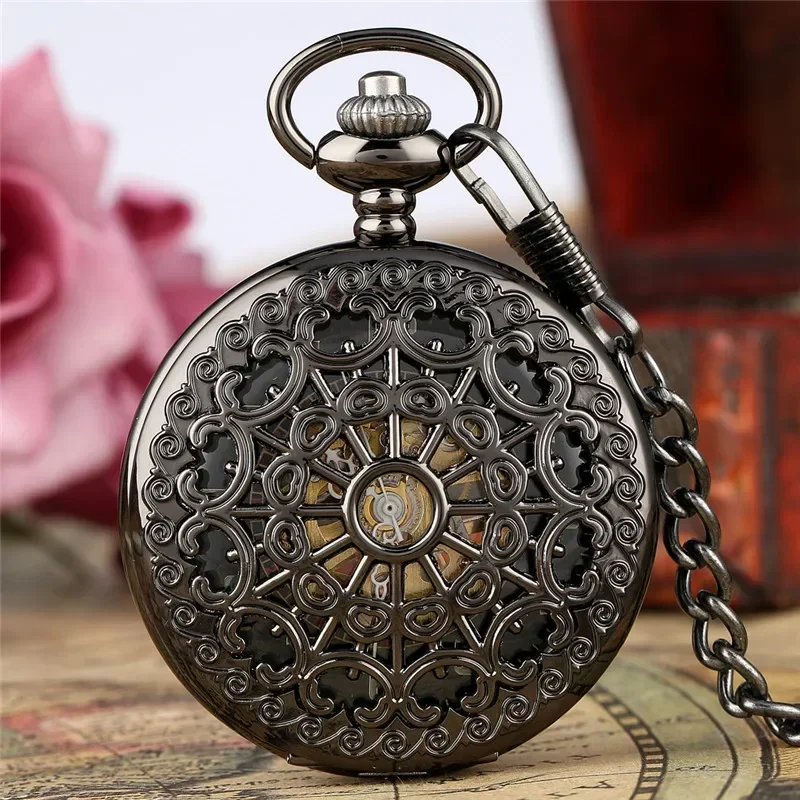 Steampunk Hollow Spider Web Men Women Handwinding Mechanical Pocket Watch Manual Skeleton Clock Arabic Number Dial Pendant Chain