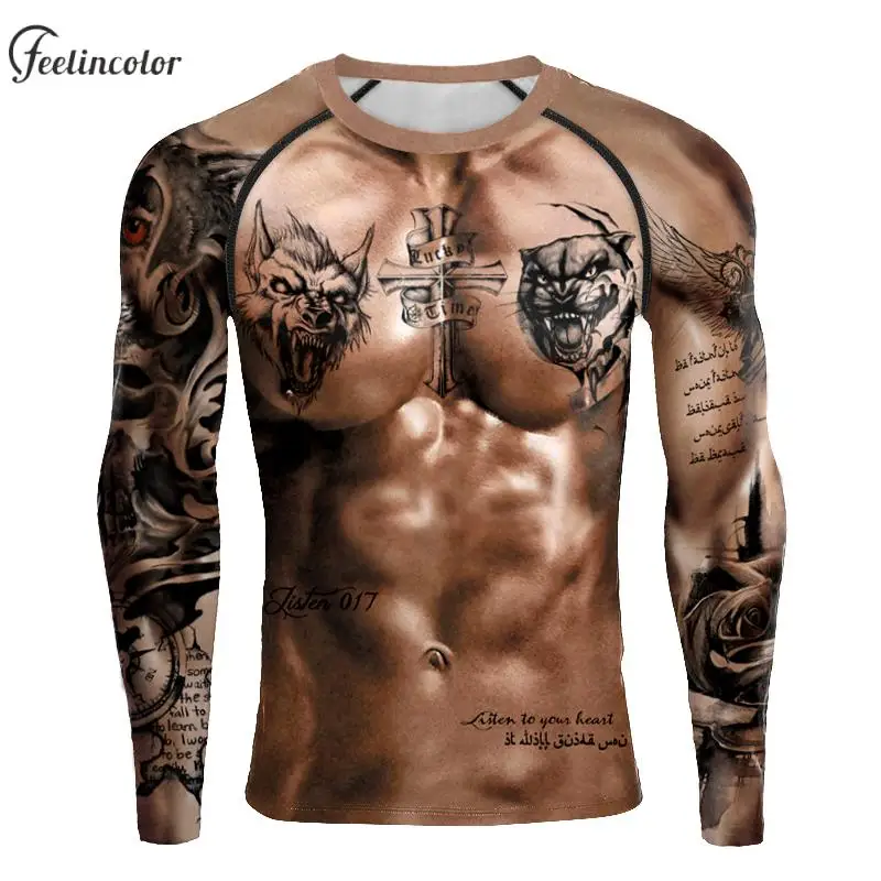 

Muscle Printed Long Sleeve T-Shirt for Men Wolf Leopard Graphic Workout Top Body Building Sports Tee Breathable Male Clothing