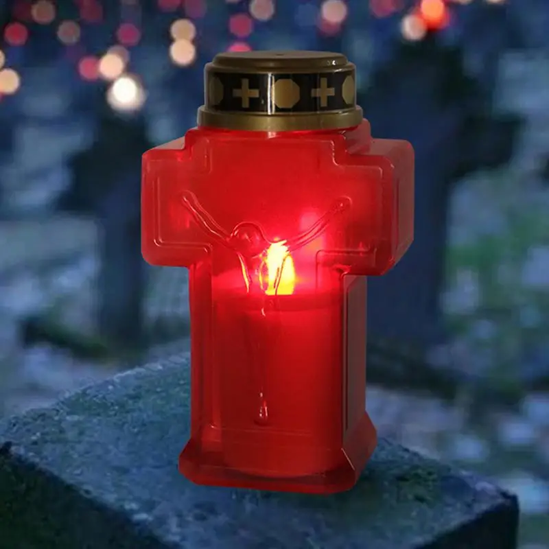 Red Cemetery Candle Red LED Flameless Candle Outdoor Rainproof Electric Cro-ss Church Candle Halloween Lights Haunted House