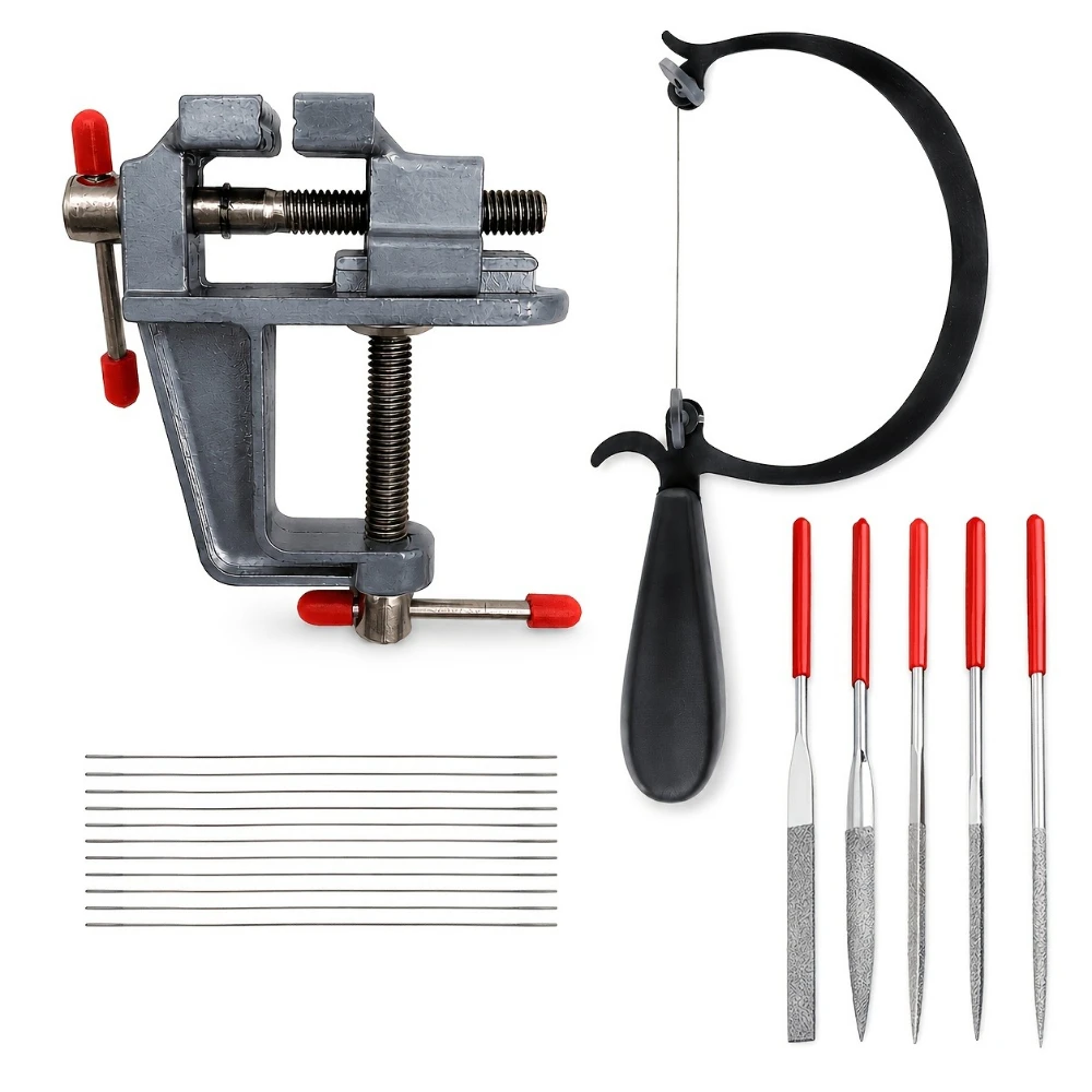 1 Set  Hollow-Out Carving Saw Kit, Curved Cutting Frame with Black Handle, 12 Blades, Pliers & 5 Files, Jewelry Woodworking