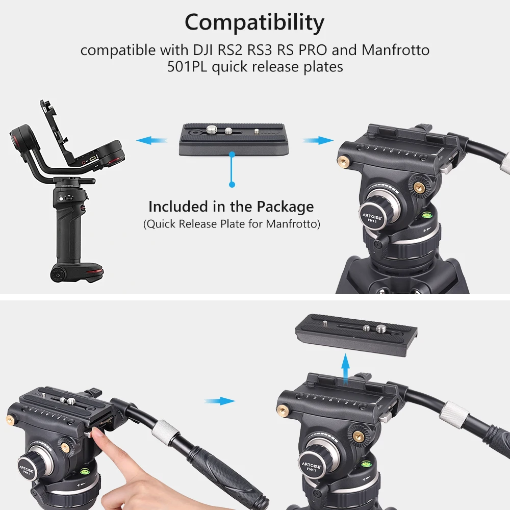 ARTCISE FH11 360°Panoramic Rotation Drag Tilt Pan Fluid Head Heavy Duty Professional for DSLR Camera Camcorder Video Load 12kg