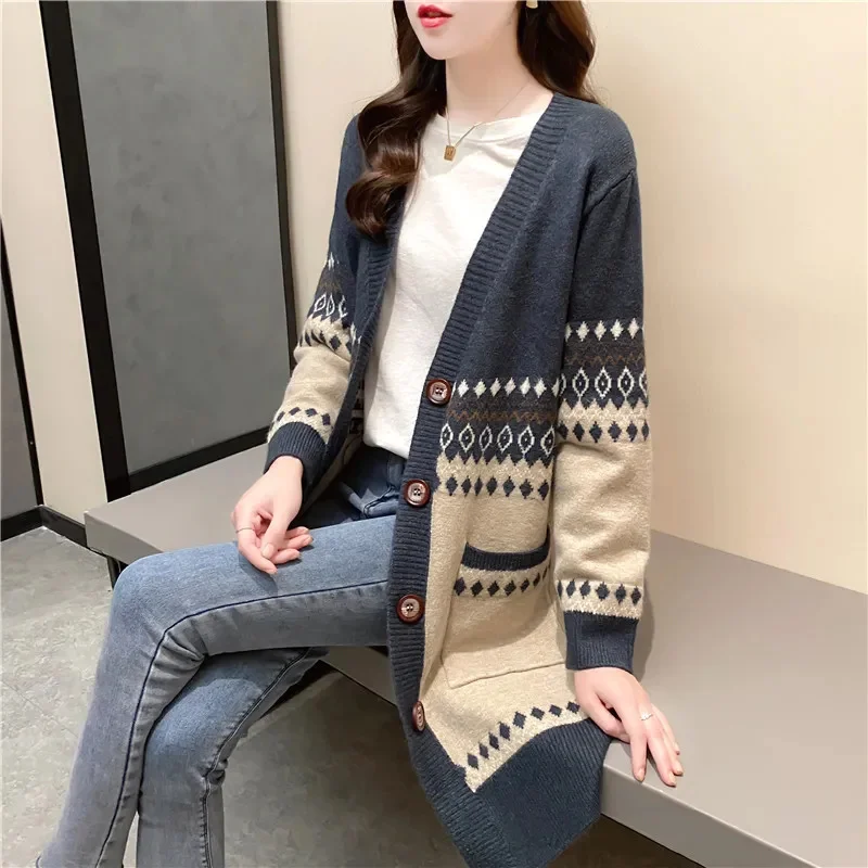 Spring, Autumn Sweater Jacket Women Cardigan Mid-length Knitwear 2025 New Jacquard Button Cardigan Knitted Top Women Button Coat