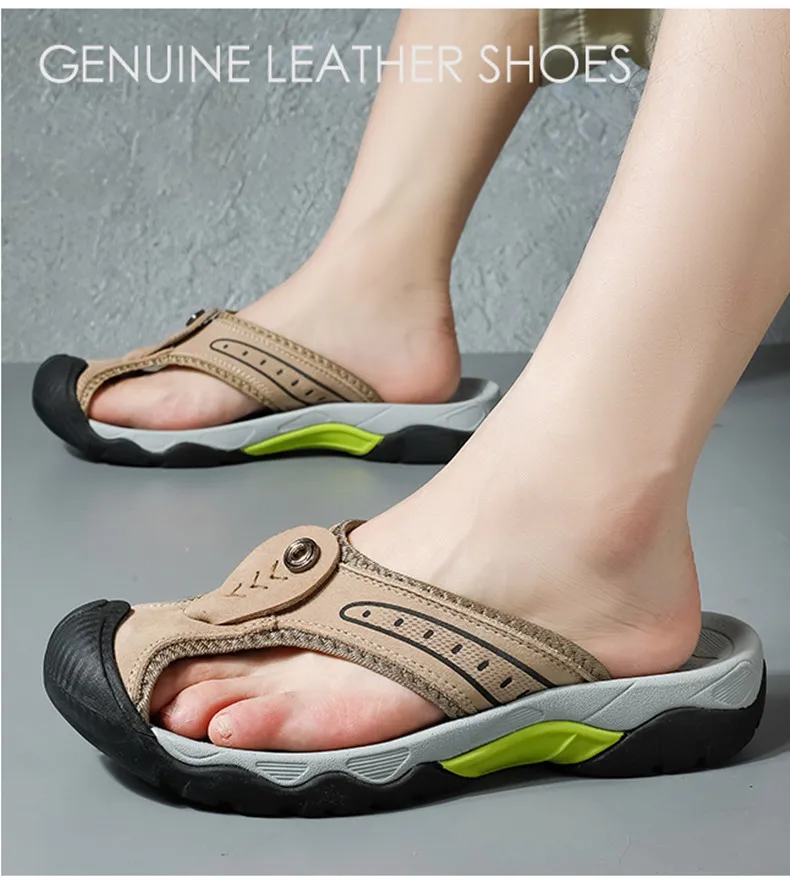 Sommerliche, atmungsaktive Herren-Sandalen aus weichem Echtleder, bequeme Herren-Hausschuhe, flache Herren-Flip-Flops, Outdoor-Römersandalen für den Strand – Detail 9