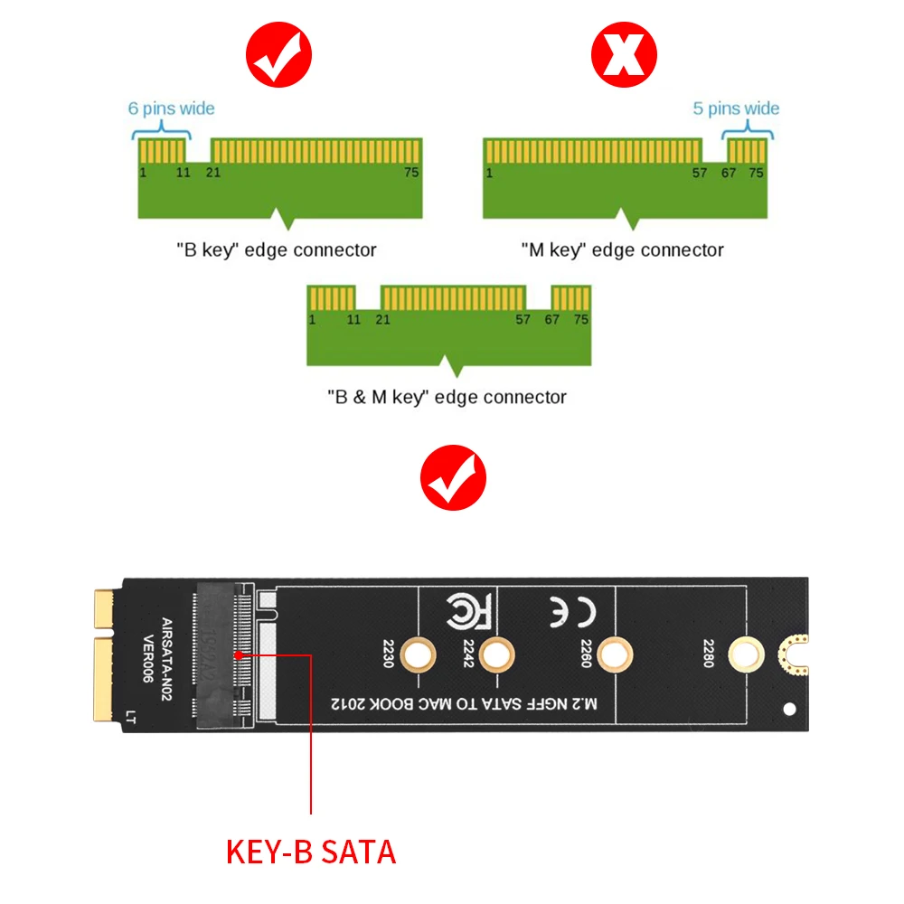 TISHRIC M.2 NGFF SATA For MACBOOK AIR Pro 2012 SSD Riser Card M.2 KEY-B Interface Convert Adapter For A1465 A1466