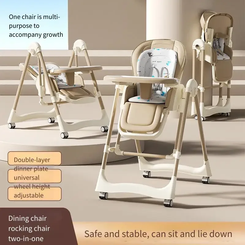 Baby High Chair 2in1 Multifunctional Dining Chair with Removable Tray Premium PU Leather Seat Cushion Swivel Wheels Mocha Brown