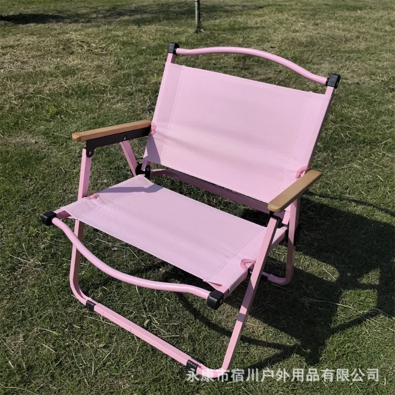 Pink Carbon Steel Kermit Chair Foldable Outdoor Camping Chair Portable Picnic Coffee Shop Casual Leisure with Wood Armrest
