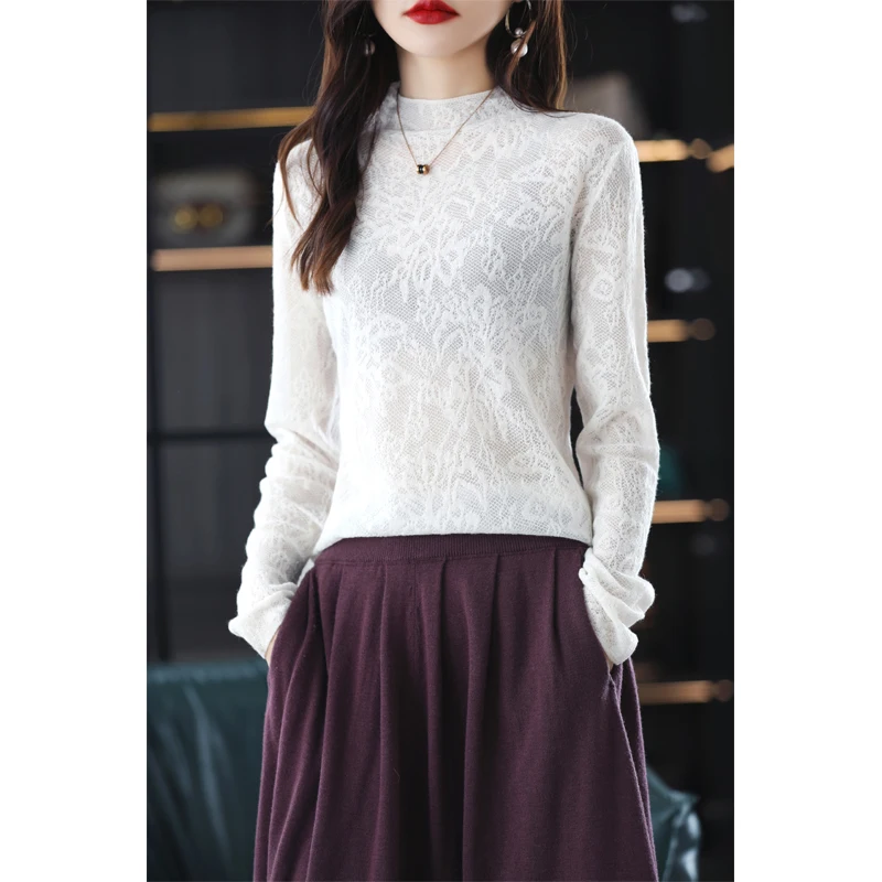 Early Autumn Three-Dimensional Carved Lace Hollow Wool Knit Sweater Women's Pullover Thin Fashion Long-Sleeved O-Neck Chic Top