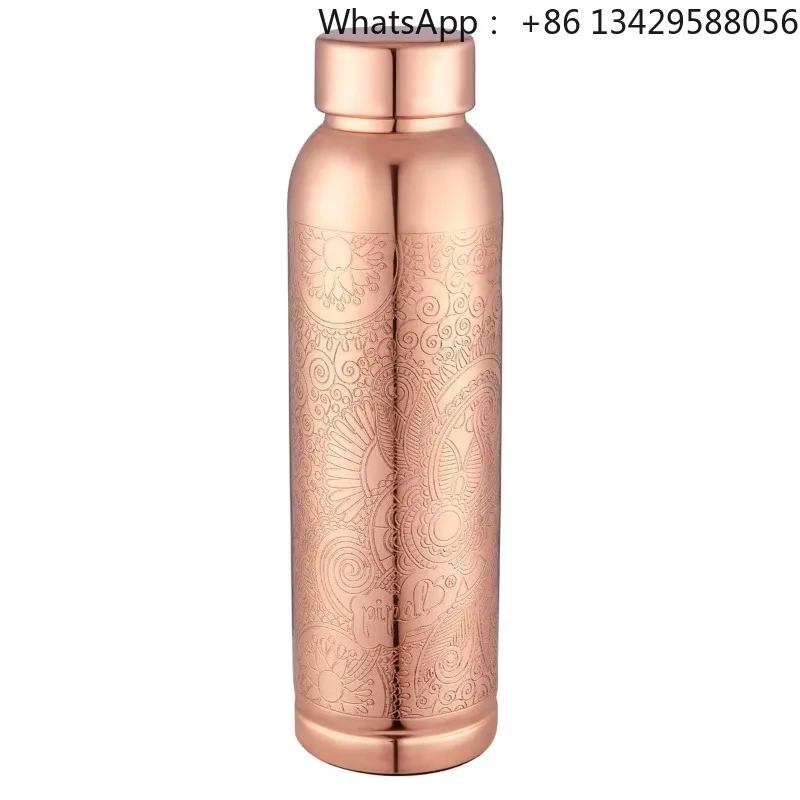 Vintage Embossed Copper Water Bottle 1L Handmade Leak‑Proof Copper Drink Vessel For Yoga Home Decor