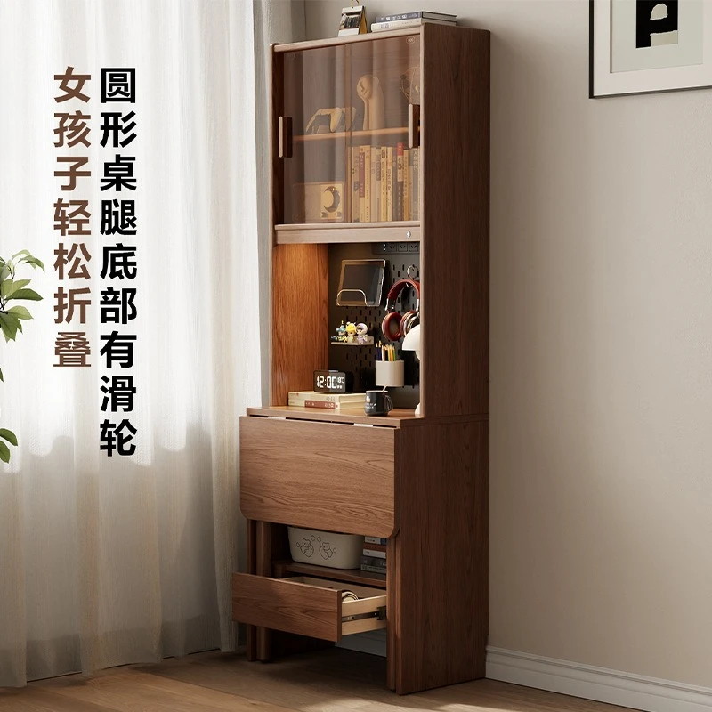 Solid wood retro folding desk bookcase, small household integrated wall desk bookshelf