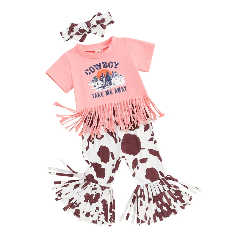 

Baby Girl Cowgirl Outfits Short Sleeve Letter Print Tops Tassel Hem Flare Pants Headband 3 Piece Infant Toddler Set