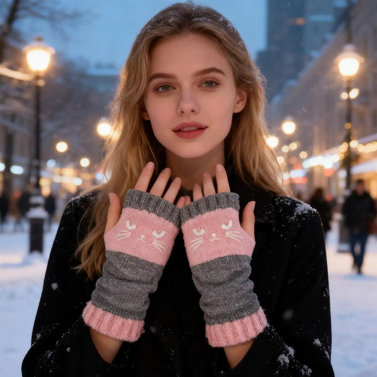 

Fingerless Cat Embroidery Knitted Gloves, Winter Warm Gloves, Fashionable Casual Women Gloves New Year Gifts