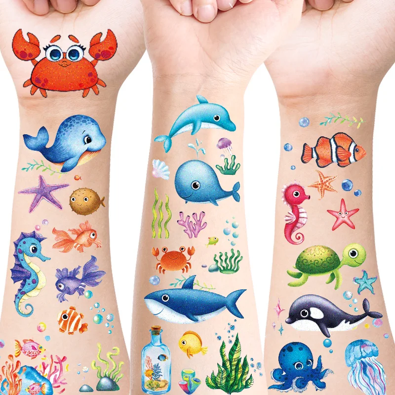 12 Sheets Glitter Ocean Sea Animals Temporary Tattoos, Waterproof Underwater Worlds Tropical Fish Whales Turtles Coral Stickers