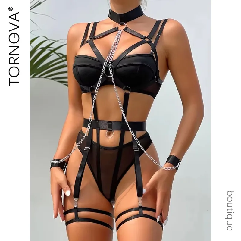 

Tornova 4 Piece Set Sexy Chain Halter Underwear Set for Women Erotic Lingerie Temptation Sexy Role Play Chain Underwear Set New