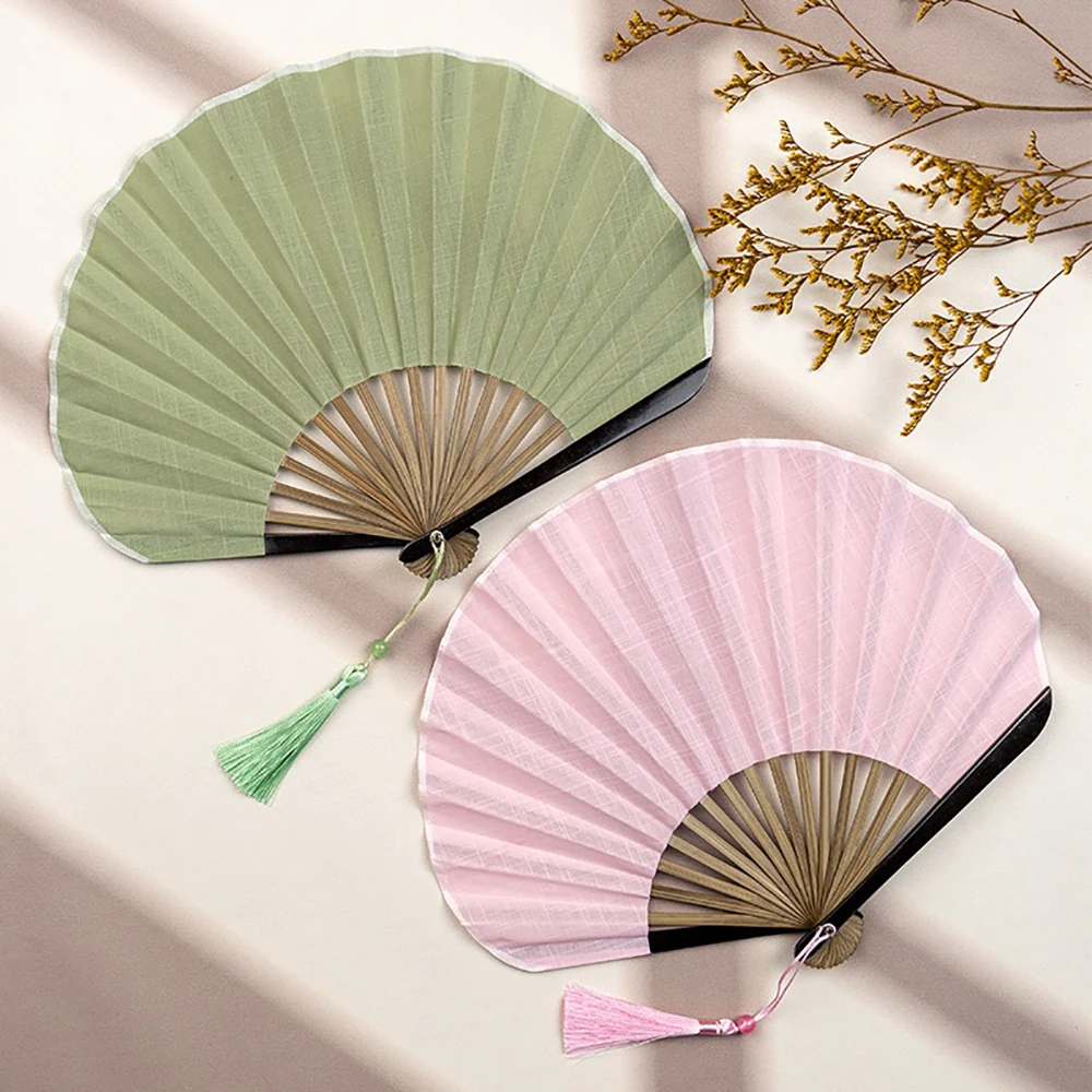 Creative Retro Mini Shell Fan Cotton Linen Cloth Chinese Folding Hand Fan Gentle Solid Color Handheld Fan Women's