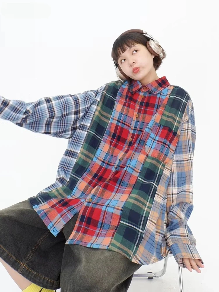 

2025 Plaid Shirts Women Streetwear Youthful Vitality Contrast Color Turn-down Collar Versatile Autumn Korean Style Ladies