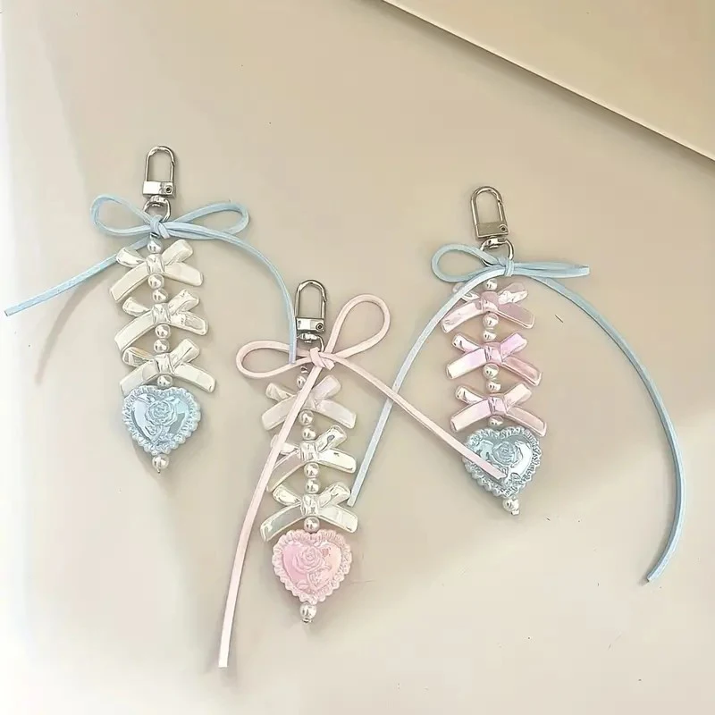 Sweet Heart Shape Pendant Keychain Bow Ribbon Beaded Key Chain For Women Phone Lanyard Backpack Decoration Accessories Gifts