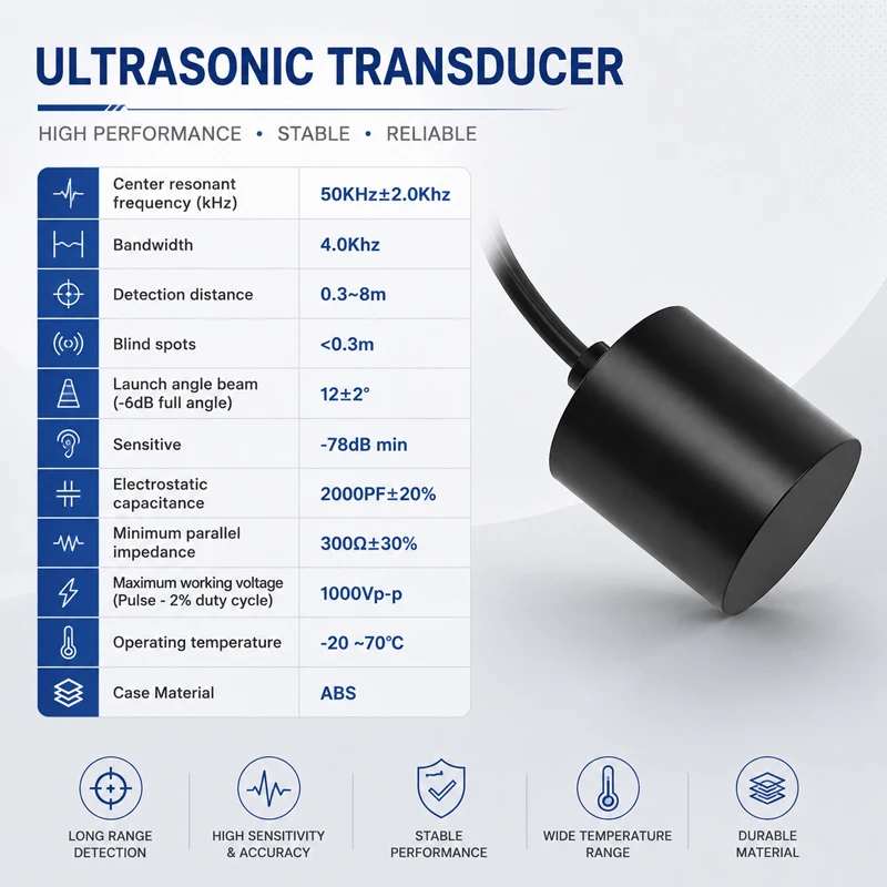 50 kHz ultrasonic transducer for air distance measurement with a measuring range of 8 m for robotic positioning applications