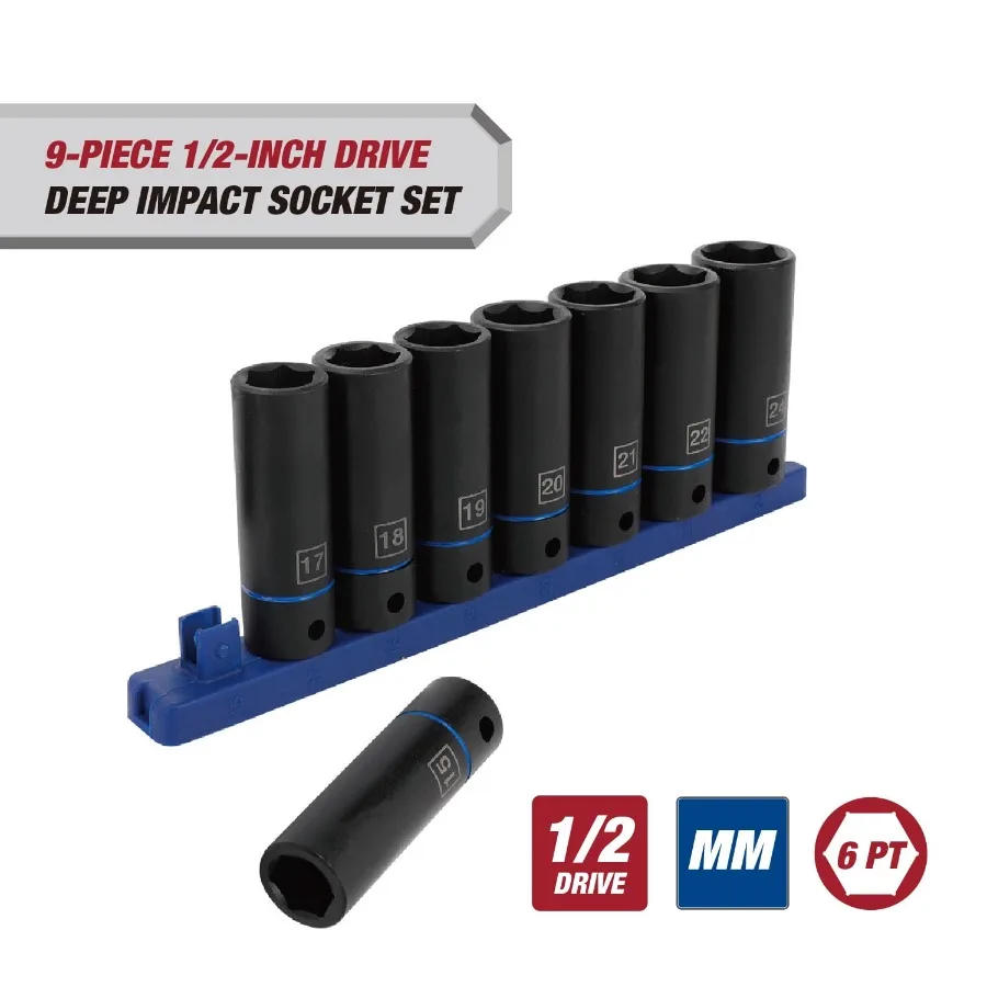 

9-Piece 1/2-Inch Drive Impact Socket Set with Deep Drive Design for Heavy-Duty Automotive Repair and Industrial Maintenance App