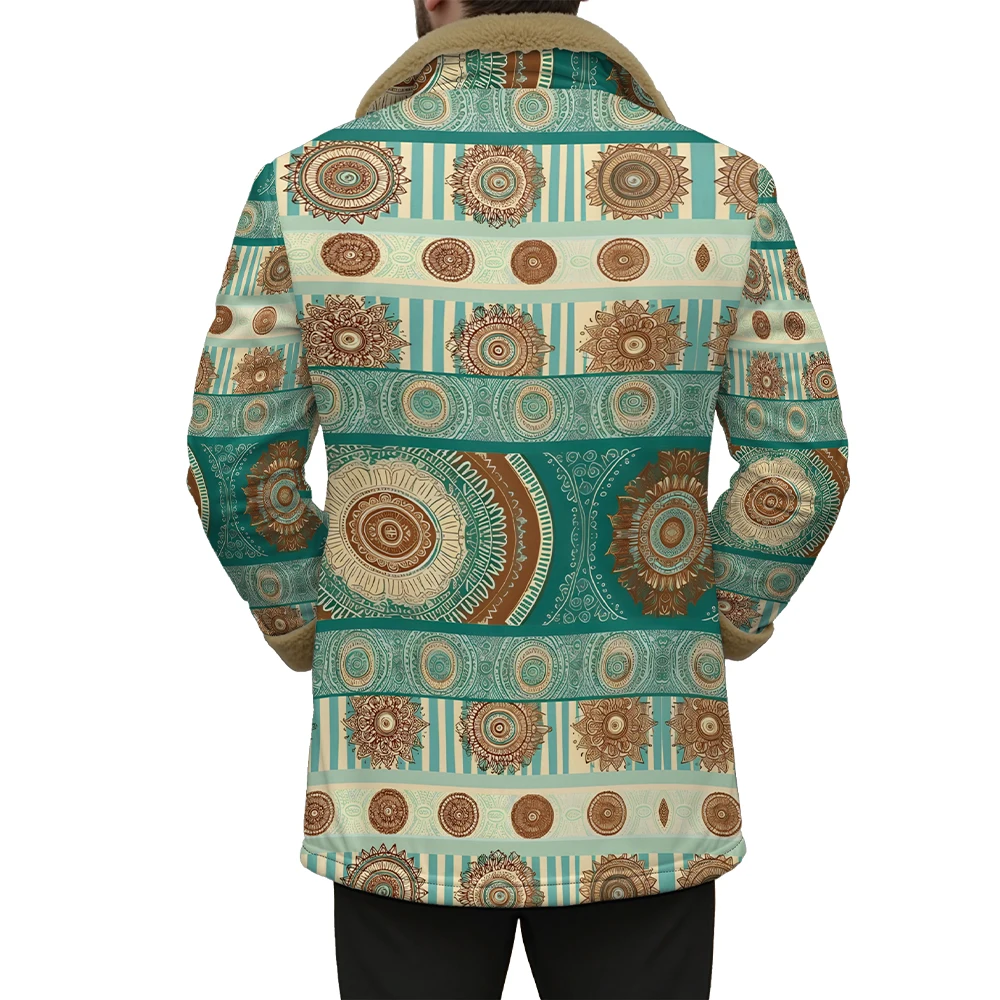 Reversible Ethnic Print Jackets with Faux Fur Collar Bohemian Geometric Coats for Fall Winter Dual-Pocket Loose Fit Fashion