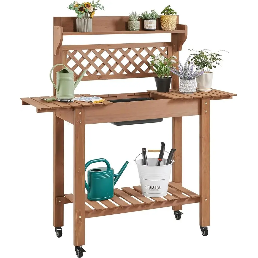 Outdoor Potting Bench with Sink, Garden Table, Lower Shel,Brown | Sliding tabletop, removable sink and roomy shel make potting,