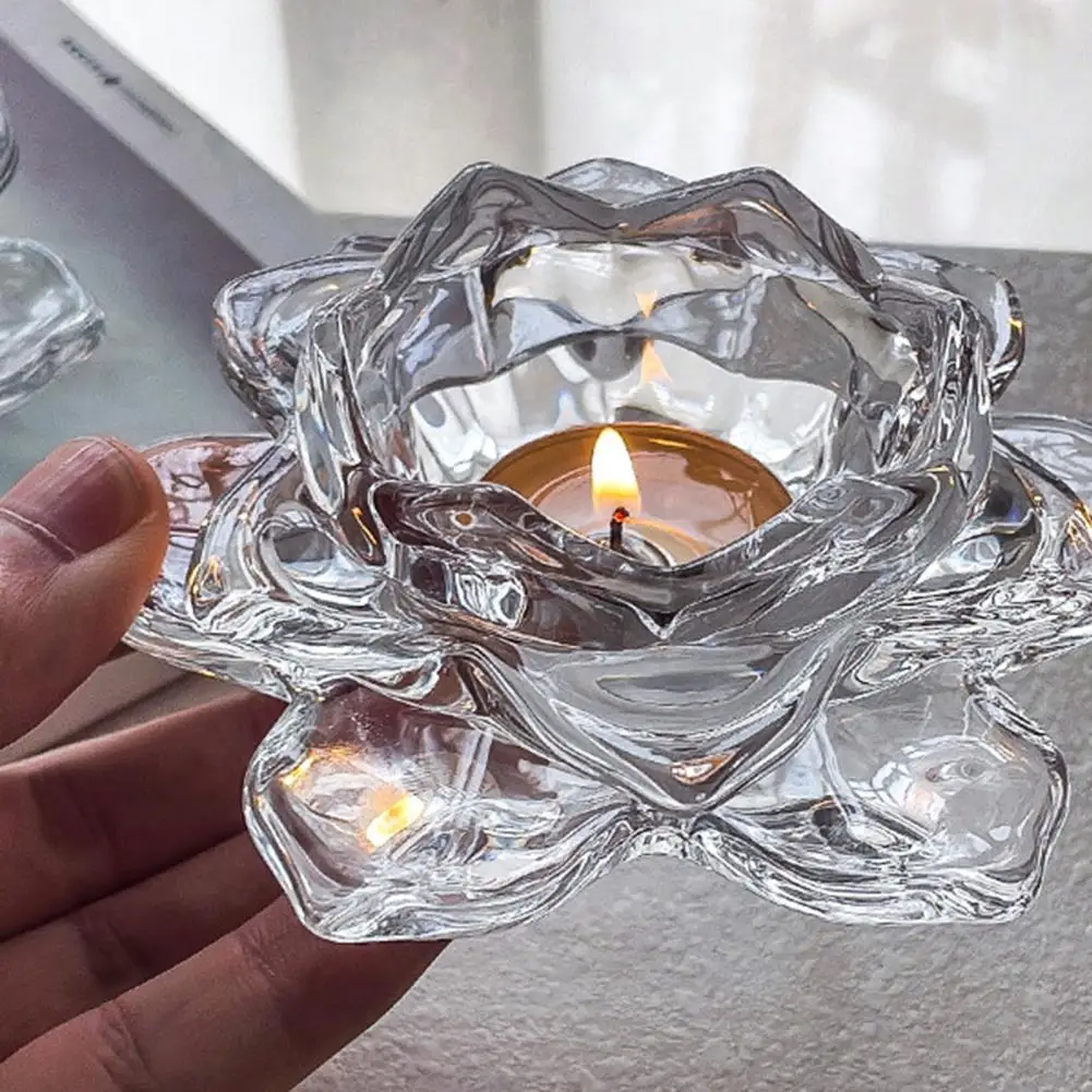 Candlelight Refraction Holder Glass Candle Holder Lotus Flower Tealight Candle Holders Glass Tea Light Candlestick Decor