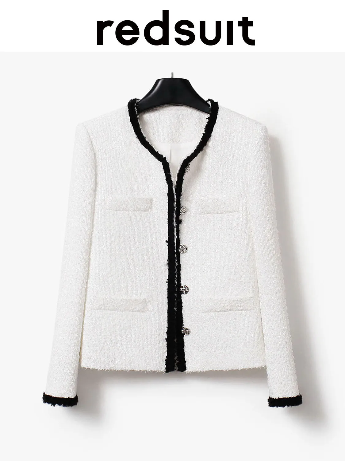 New Advanced contrasting color woven texture coarse tweed white mid length jacket top   Custom size