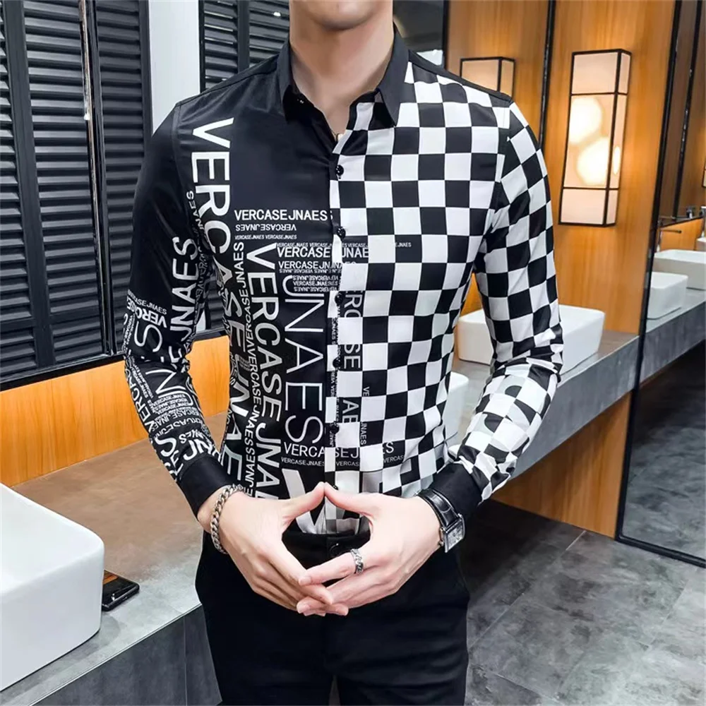 

Men's long sleeve shirt Korean version of youth slim-fit patchwork black and white plaid printed shirt trend night hair stylist