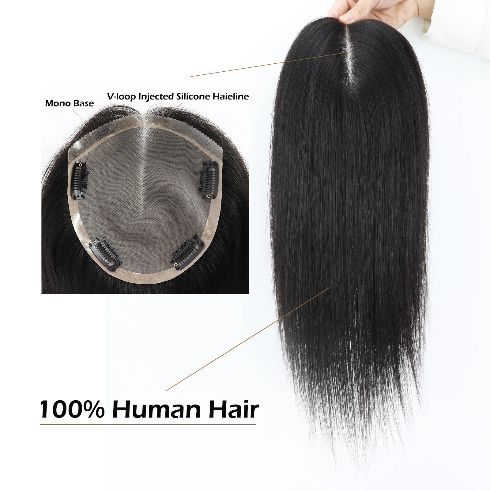 

14x16cm Mono Base Topper for Women V loop Injected Silicone PU Hairline Real Virgin Eurepean Human Hairpieces with Clips in