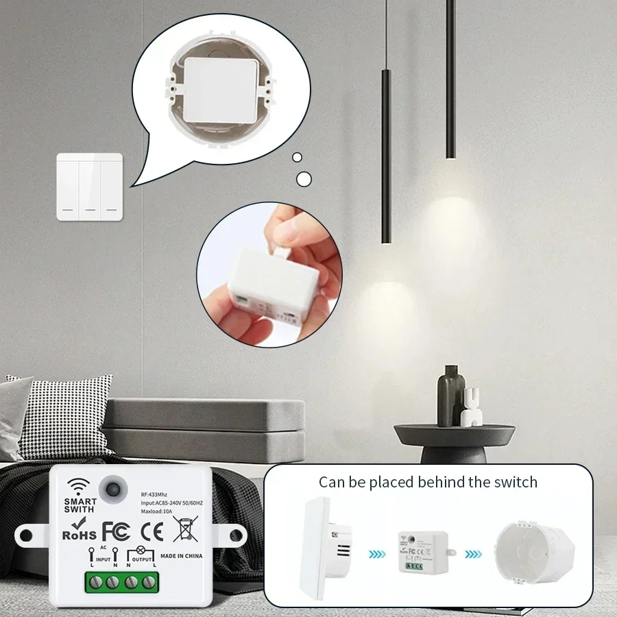 Mini Wireless Smart Light Switch with Remote Control RF 433 Mhz Relay Receiver AC 220V 110V Switch Module for Home Led Lamp Fan