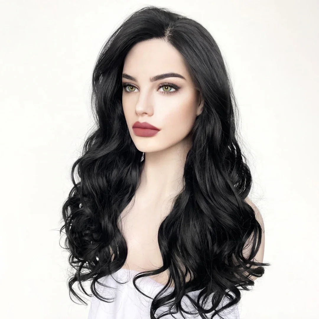 Perruque Lace Front Wig Body Wave longue noire naturelle pour femme, cheveux de bébé doux, densité 180, sans colle, préplumée, degré de chaleur, 26 po, 03/3