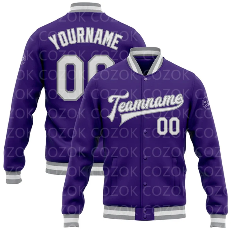 Custom Purple Gold Yellow 3D Printed Baseball Button Jacket Bomber Full-Snap Varsity Letterman Jacket