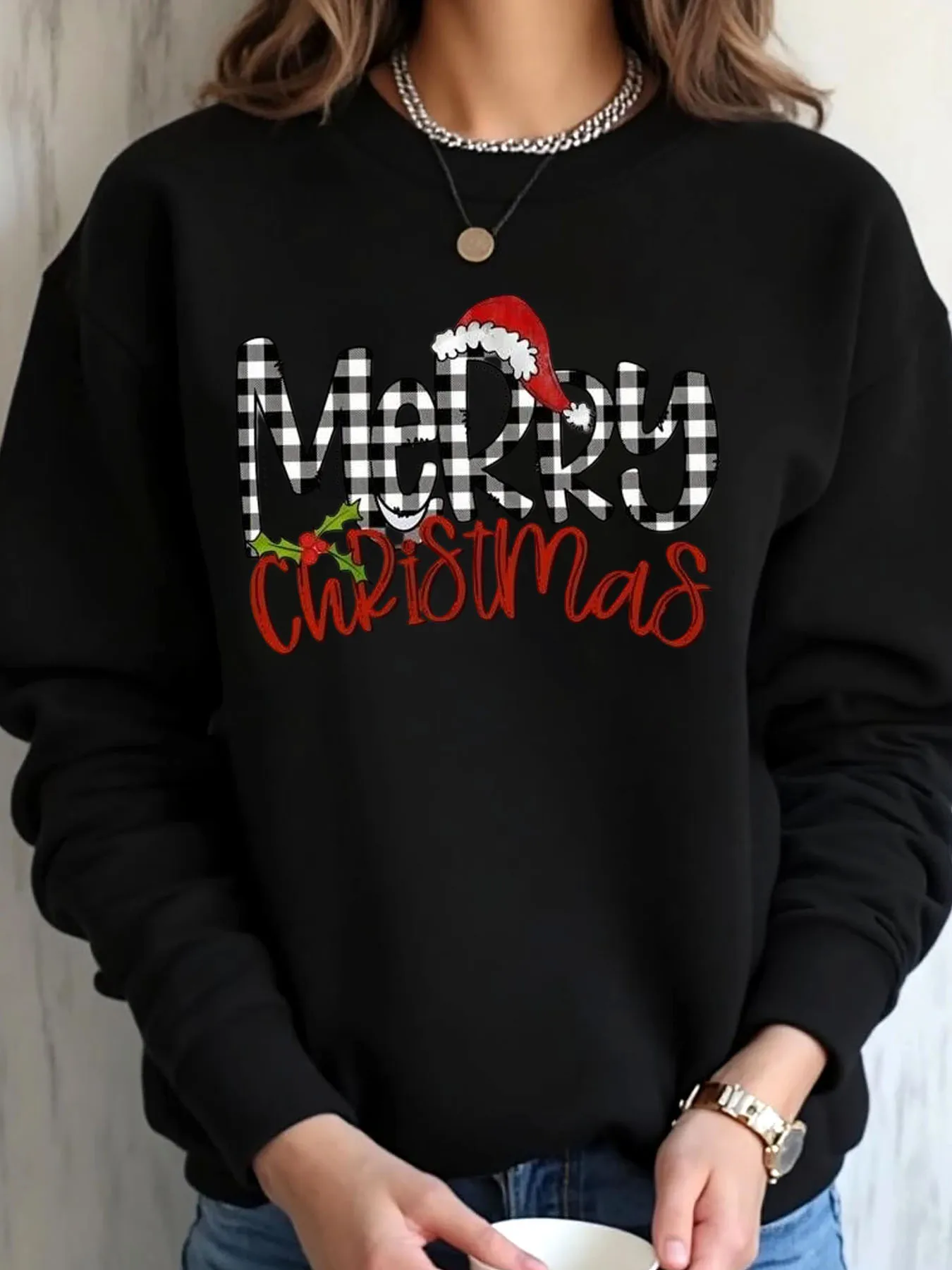 

Женская толстовка большого размера с Рождеством, клетчатая шляпа Санта-Клауса и уличная одежда с принтом Холли