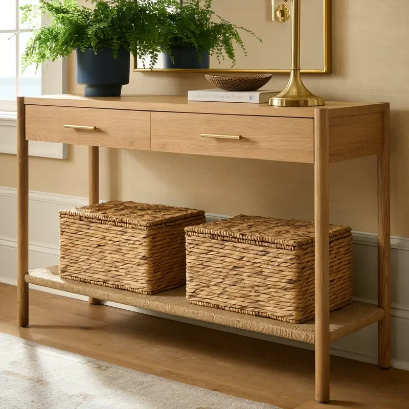 Retro Solid Wood Porch Table Log Color Double Drawer Storage Cabinet Multi Functional Entrance Foyer Cabinet