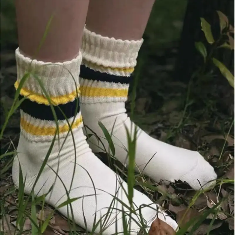 5 Pairs Retro Stripe Cotton Socks Elastic Cuffs Soft Textile Slouch Scrunch Socks for Unisex Casual Outfit Accessories