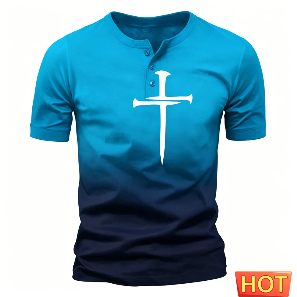 Summer Men's Henley Shirt Funny 3D Cross Gradient Print Tops Fashion Henry Collar Short Sleeve Tee Casual Loose T-shirt Clothing view 3