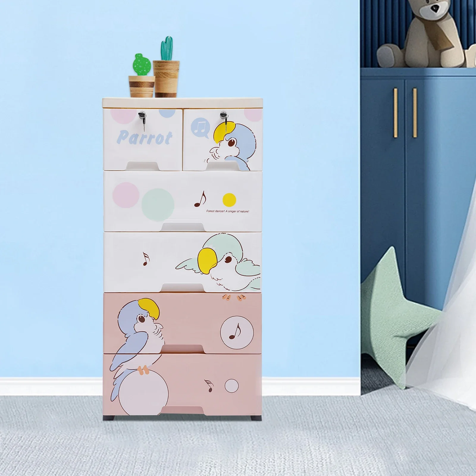

Cartoon Storage Cabinet 19.7" x 13.8" x 40.2" - Plastic Drawer Wardrobe, Kids' Clothes Organizer, Baby Nursery, Easy Assembly