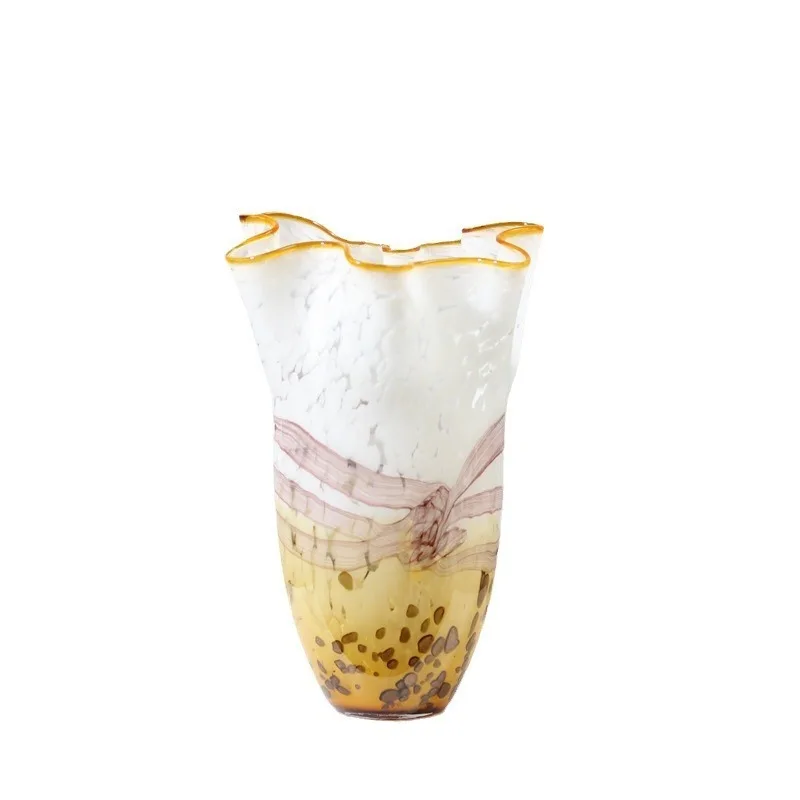 

Medieval style irregular petal mouth glazed vase heavy industry amber orange gradual change folds large diameter flower