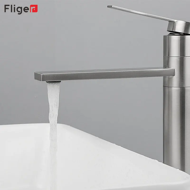 Fliger Brushed Bathroom Sink Faucet Tall Basin Faucet Bathroom Faucet Hot Cold Mixer 360 Tapware Crane Countertop Sink Faucet