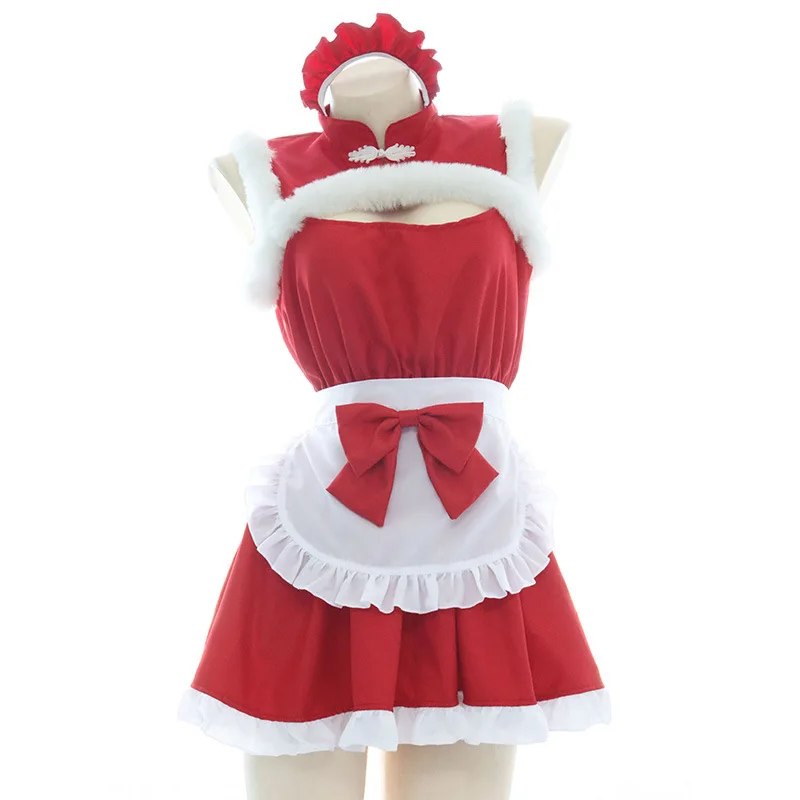 Sexy Christmas Clothes Maid Dress Cute Girl Nightgown Plush Open Chest Red Pajamas Outfit Exotic Cosplay Costumes Roleplay